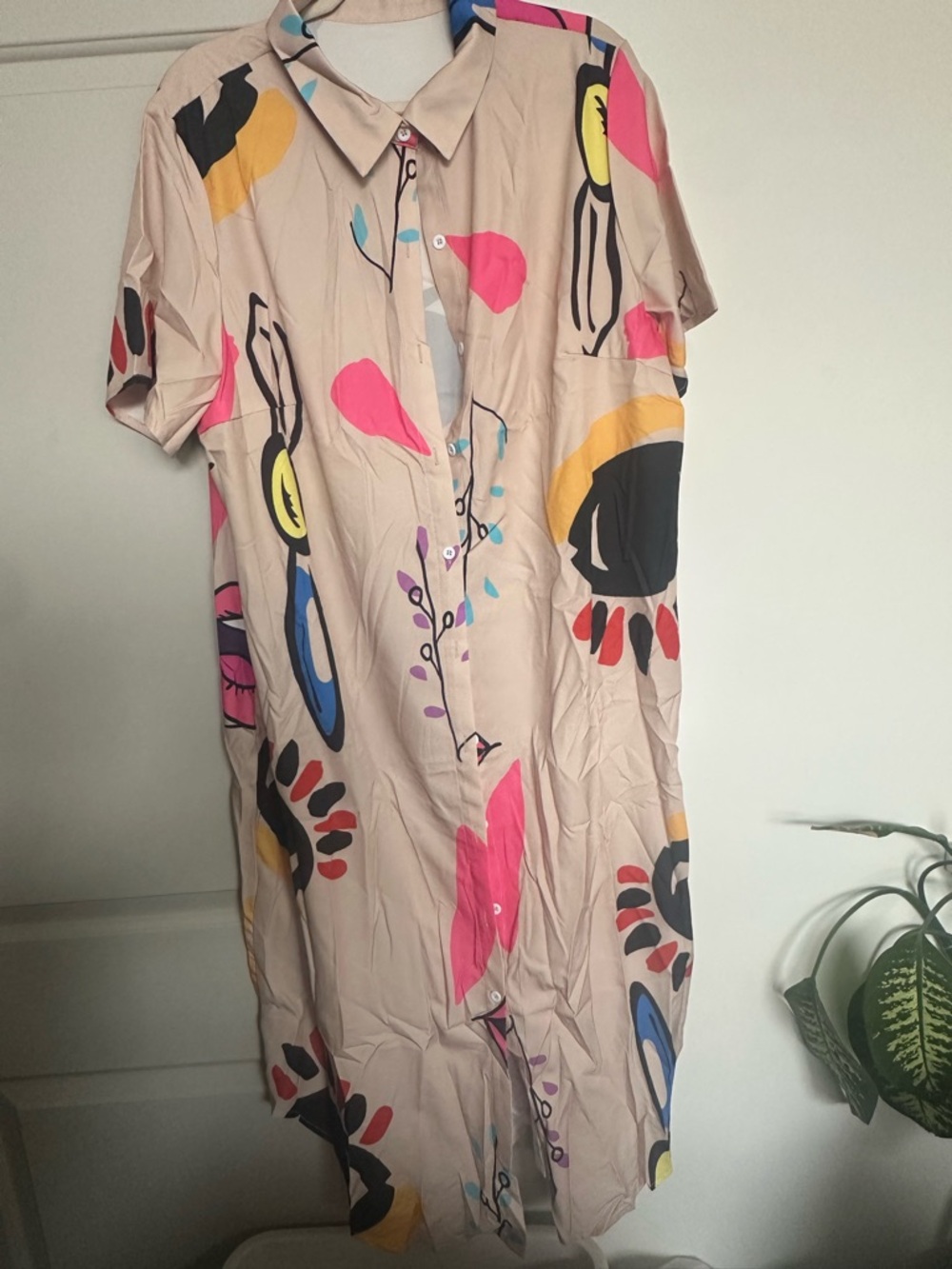 Beige Abstract Print Shirt Dress - Casual Button-Down